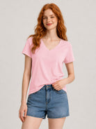 YUCOLEN Women's UPF 50+ V Neck T-Shirt Soft Tri-Blend Sun Protection Performance Tee in Light Pink