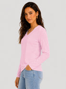 YUCOLEN Women's V Neck Long Sleeve Shirt Cotton Blend Soft Performance Tee in Light Pink