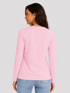 YUCOLEN Women's V Neck Long Sleeve Shirt Cotton Blend Soft Performance Tee in Light Pink