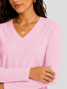 YUCOLEN Women's V Neck Long Sleeve Shirt Cotton Blend Soft Performance Tee in Light Pink