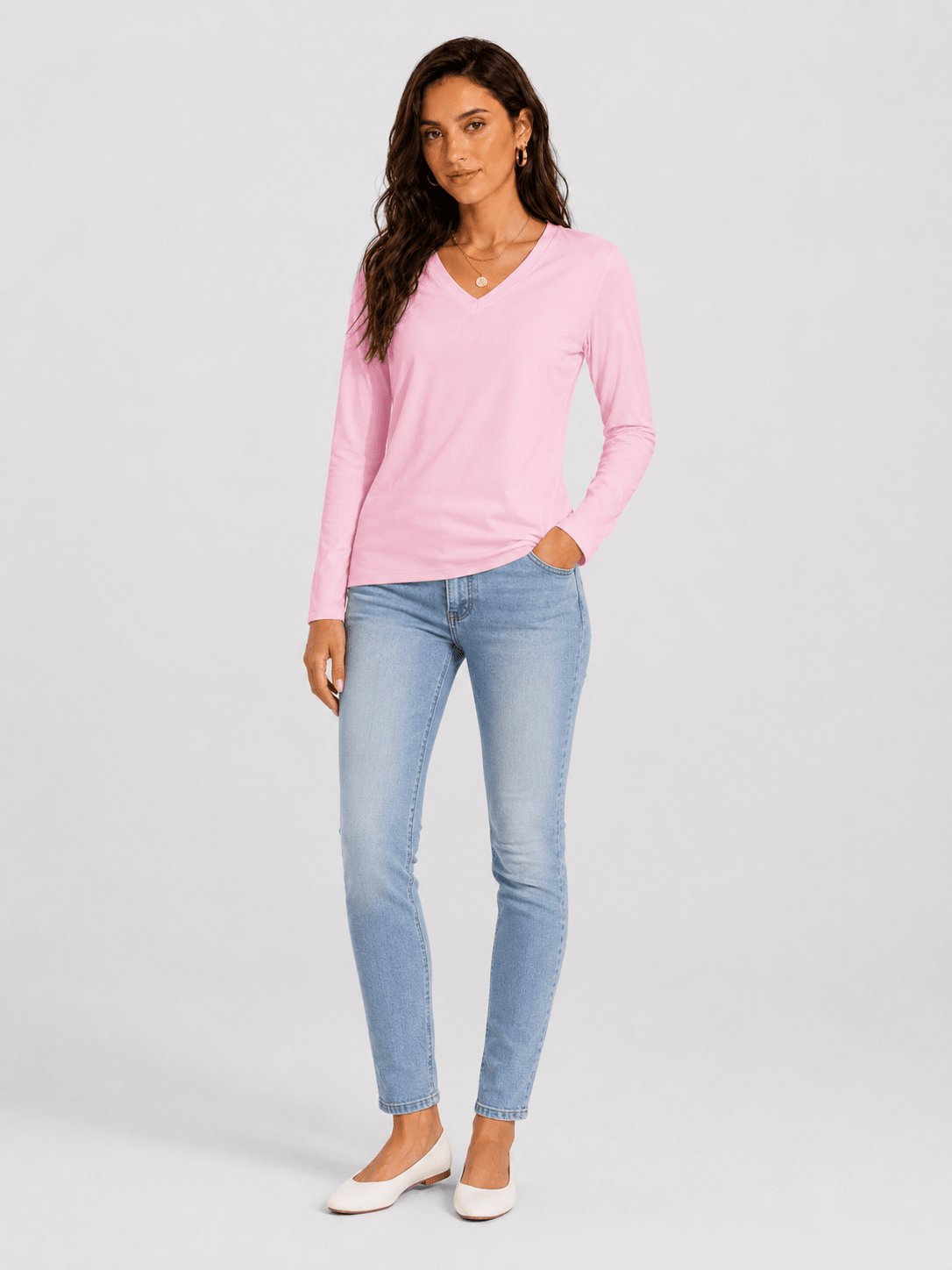 YUCOLEN Women's V Neck Long Sleeve Shirt Cotton Blend Soft Performance Tee in Light Pink