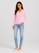 YUCOLEN Women's V Neck Long Sleeve Shirt Cotton Blend Soft Performance Tee in Light Pink