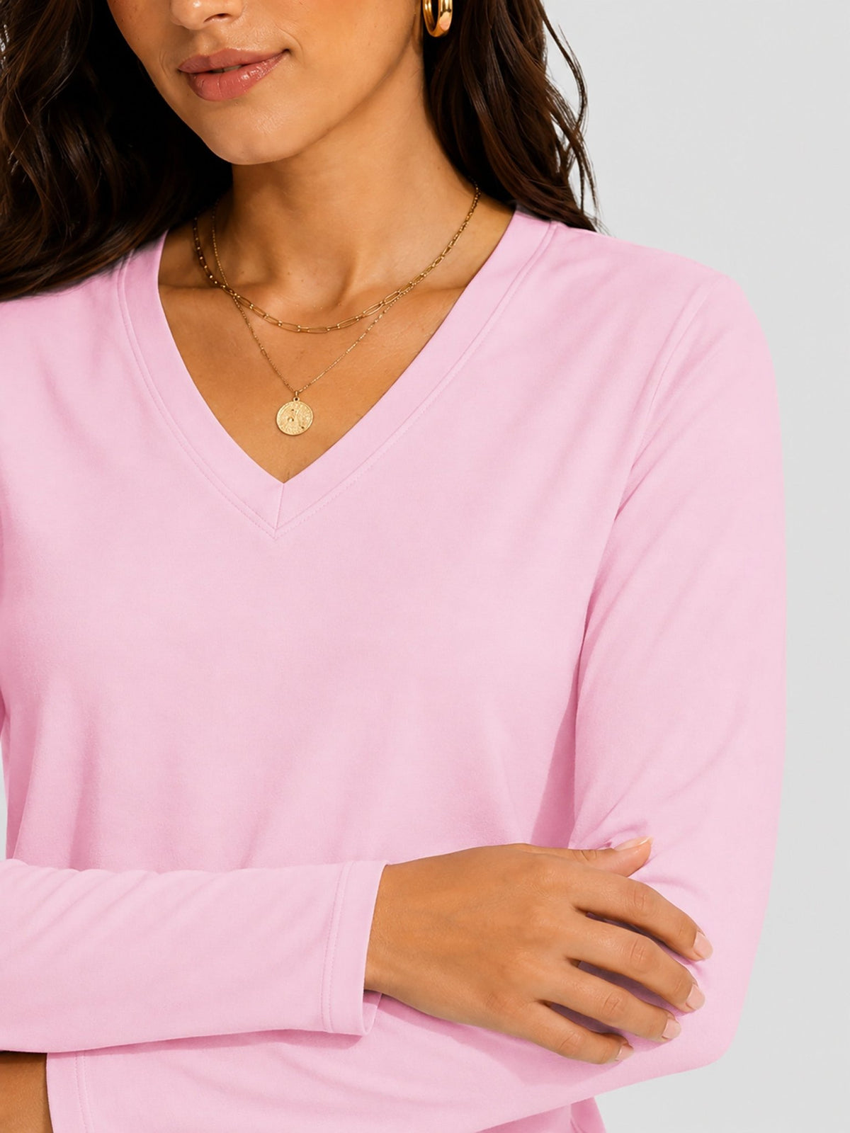 YUCOLEN Women's V Neck Long Sleeve Shirt Cotton Blend Soft Performance Tee in Light Pink