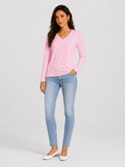 YUCOLEN Women's V Neck Long Sleeve Shirt Cotton Blend Soft Performance Tee in Light Pink