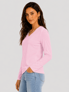 YUCOLEN Women's V Neck Long Sleeve Shirt Cotton Blend Soft Performance Tee in Light Pink