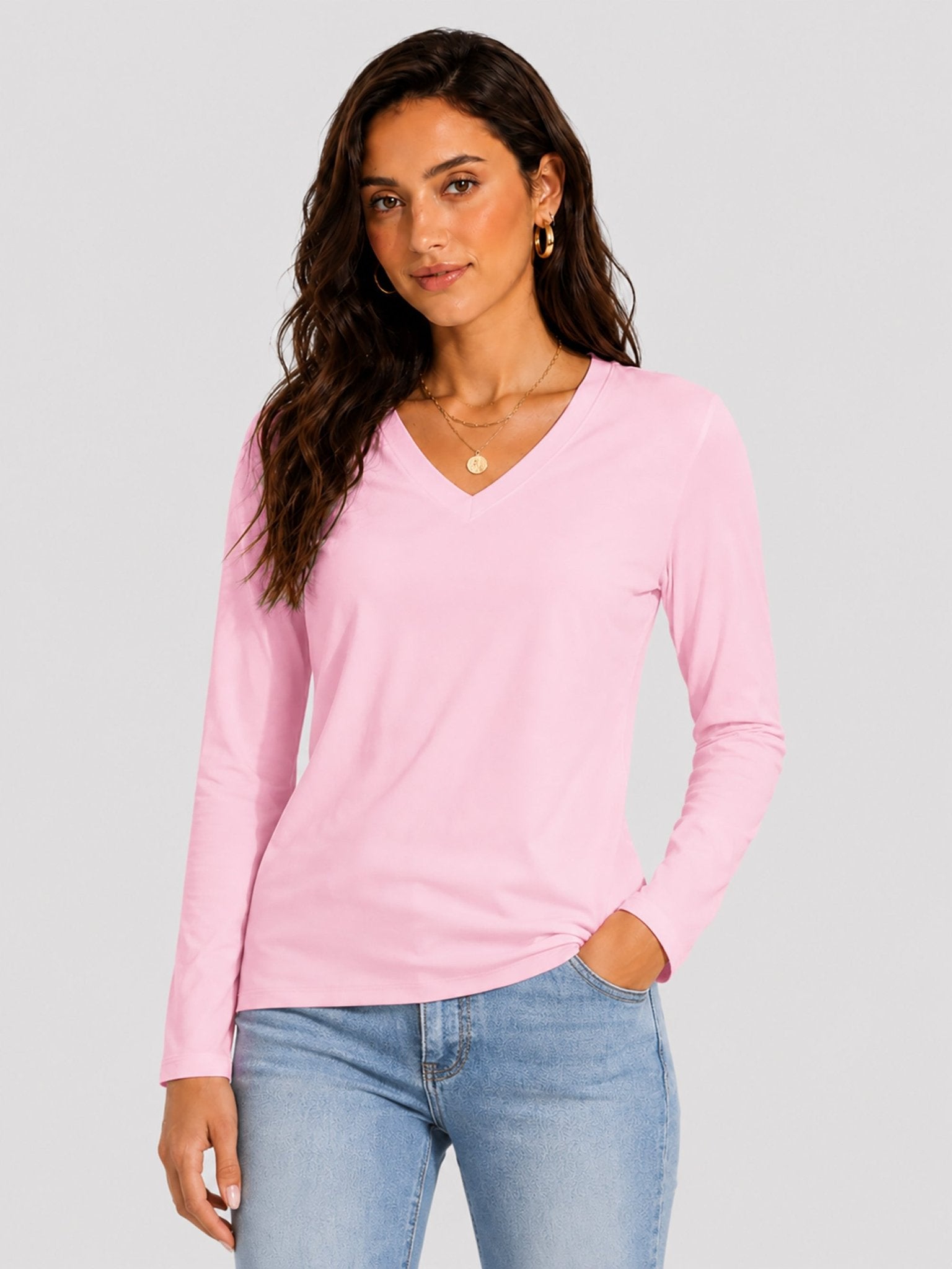 YUCOLEN Women's V Neck Long Sleeve Shirt Cotton Blend Soft Performance Tee in Light Pink