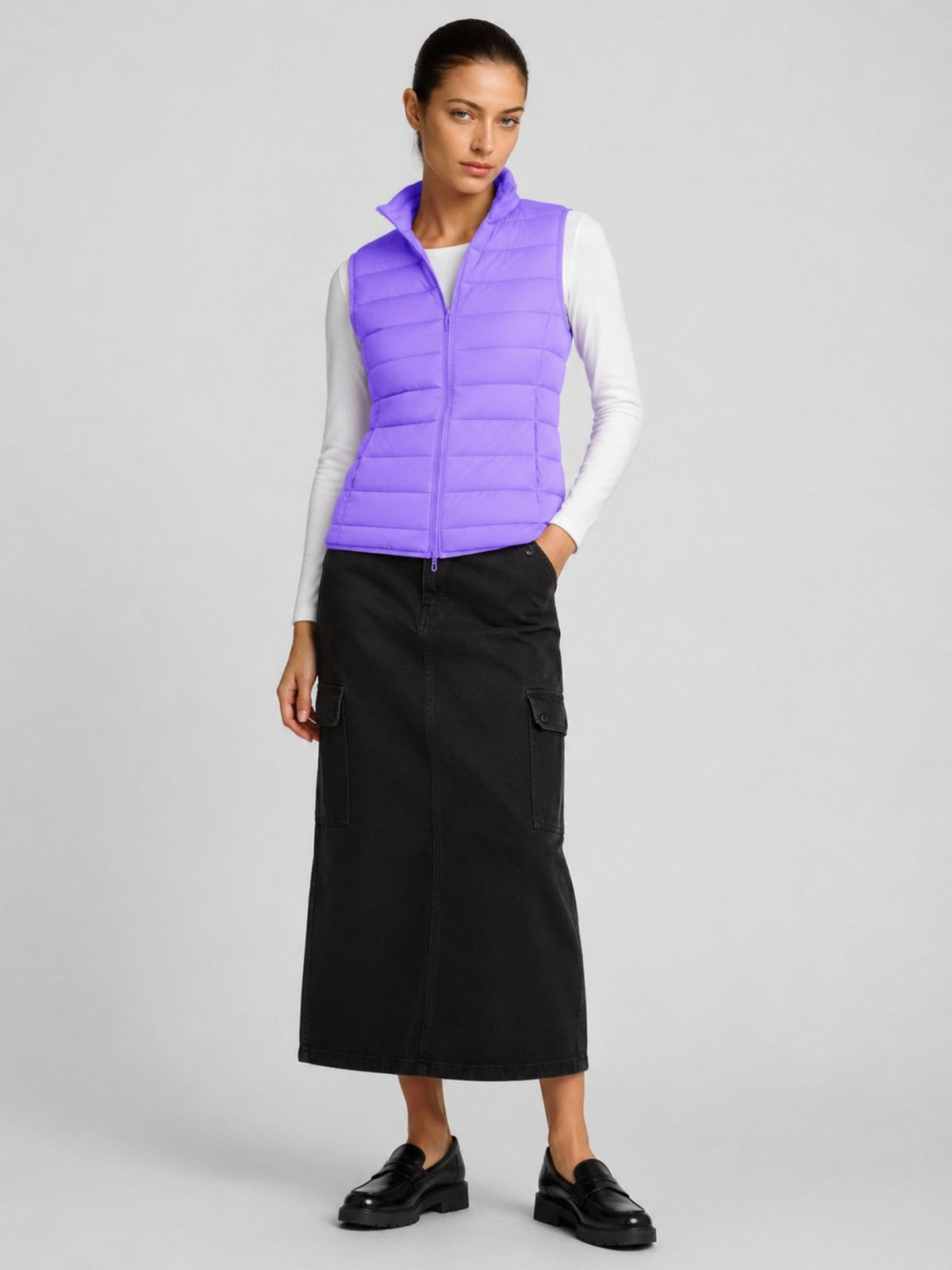YUCOLEN Women's 270g Lightweight Down Quilted Puffer Vest Windproof Sleeveless Jacket in Light Purple