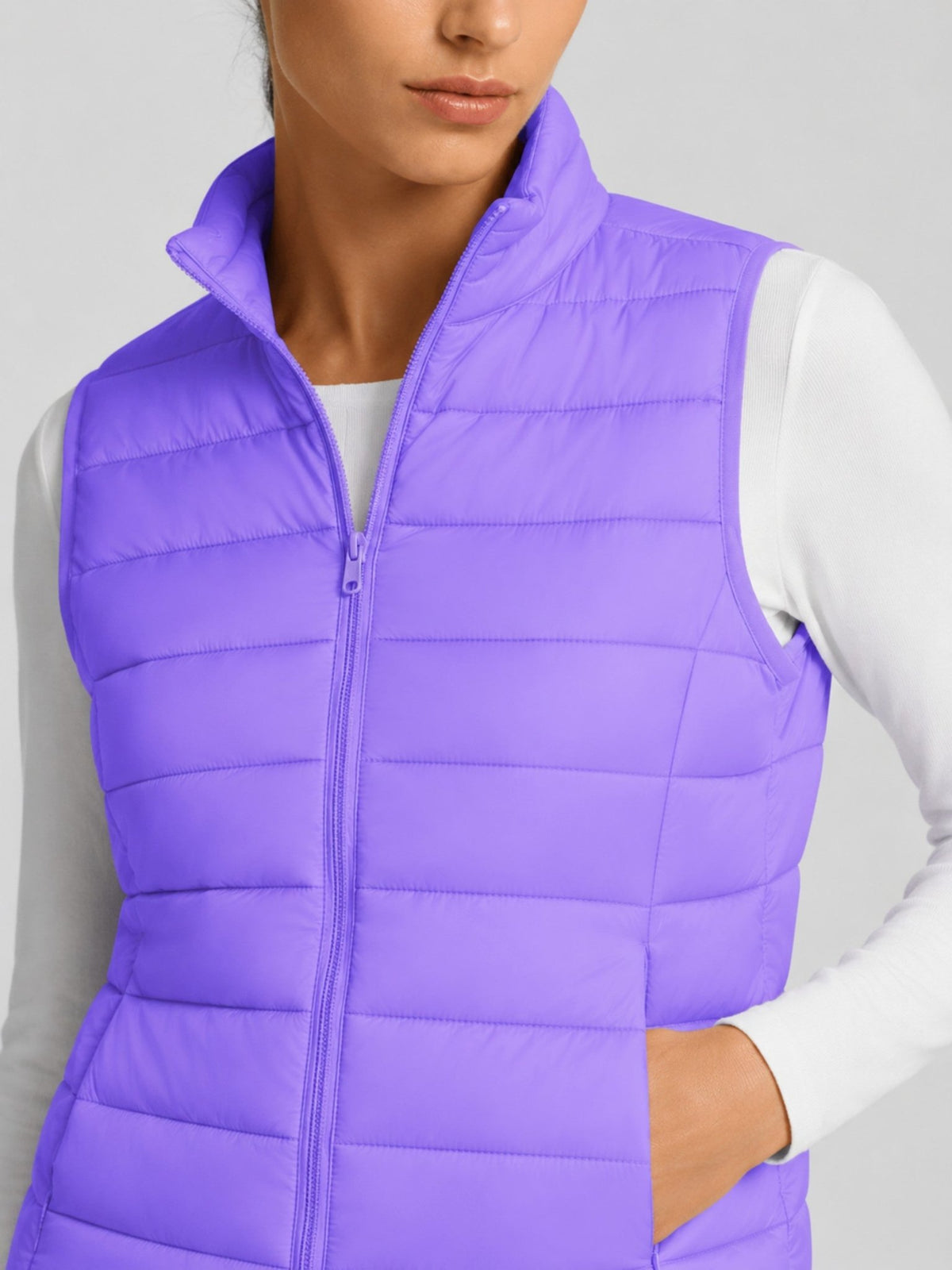 YUCOLEN Women's 270g Lightweight Down Quilted Puffer Vest Windproof Sleeveless Jacket in Light Purple