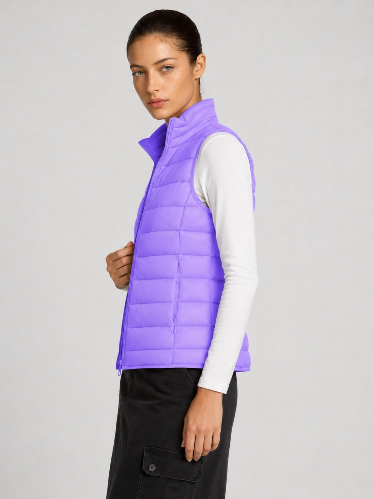 YUCOLEN Women's 270g Lightweight Down Quilted Puffer Vest Windproof Sleeveless Jacket in Light Purple