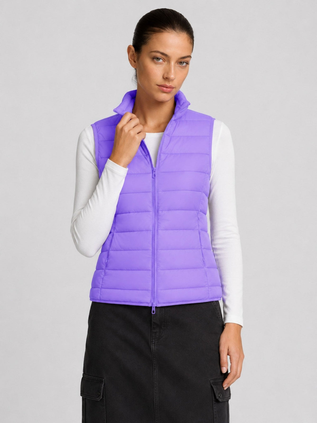 YUCOLEN Women's 270g Lightweight Down Quilted Puffer Vest Windproof Sleeveless Jacket in Light Purple
