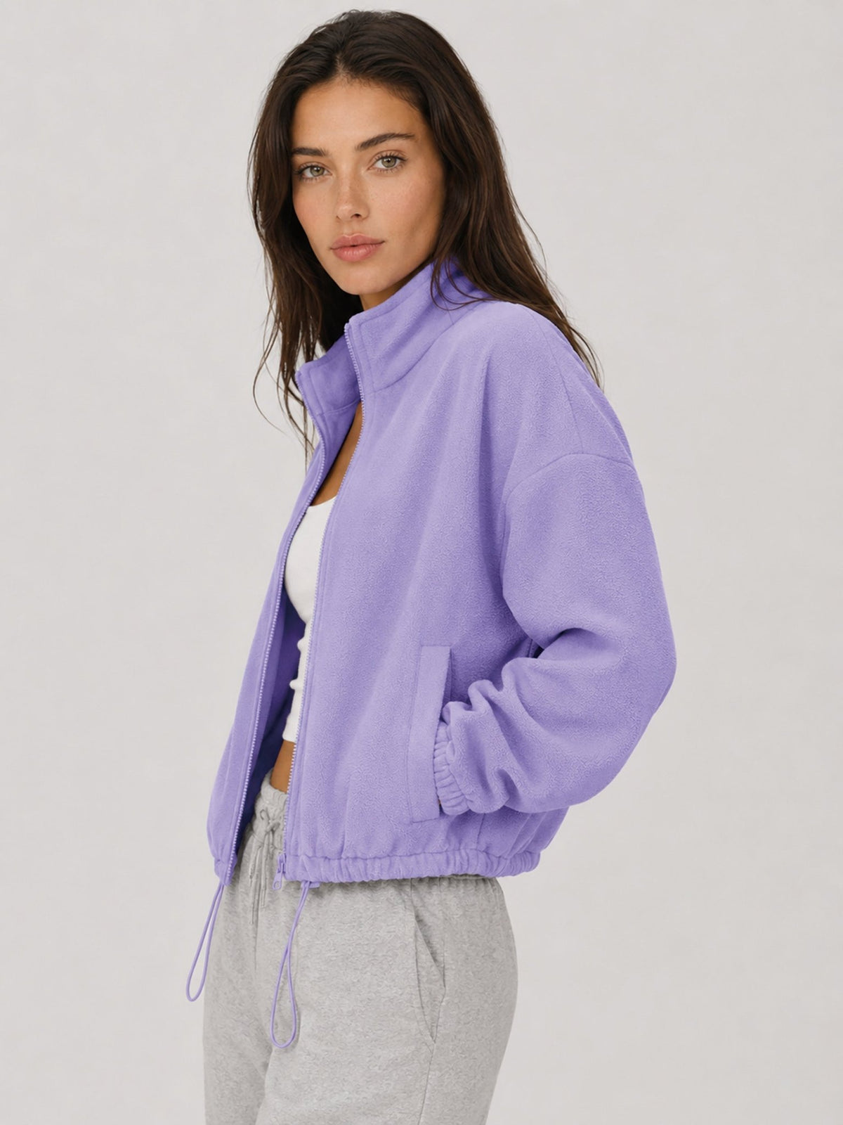 YUCOLEN Women's Cropped Fleece Jacket Full Zip Lightweight Workout Coat in Light Purple