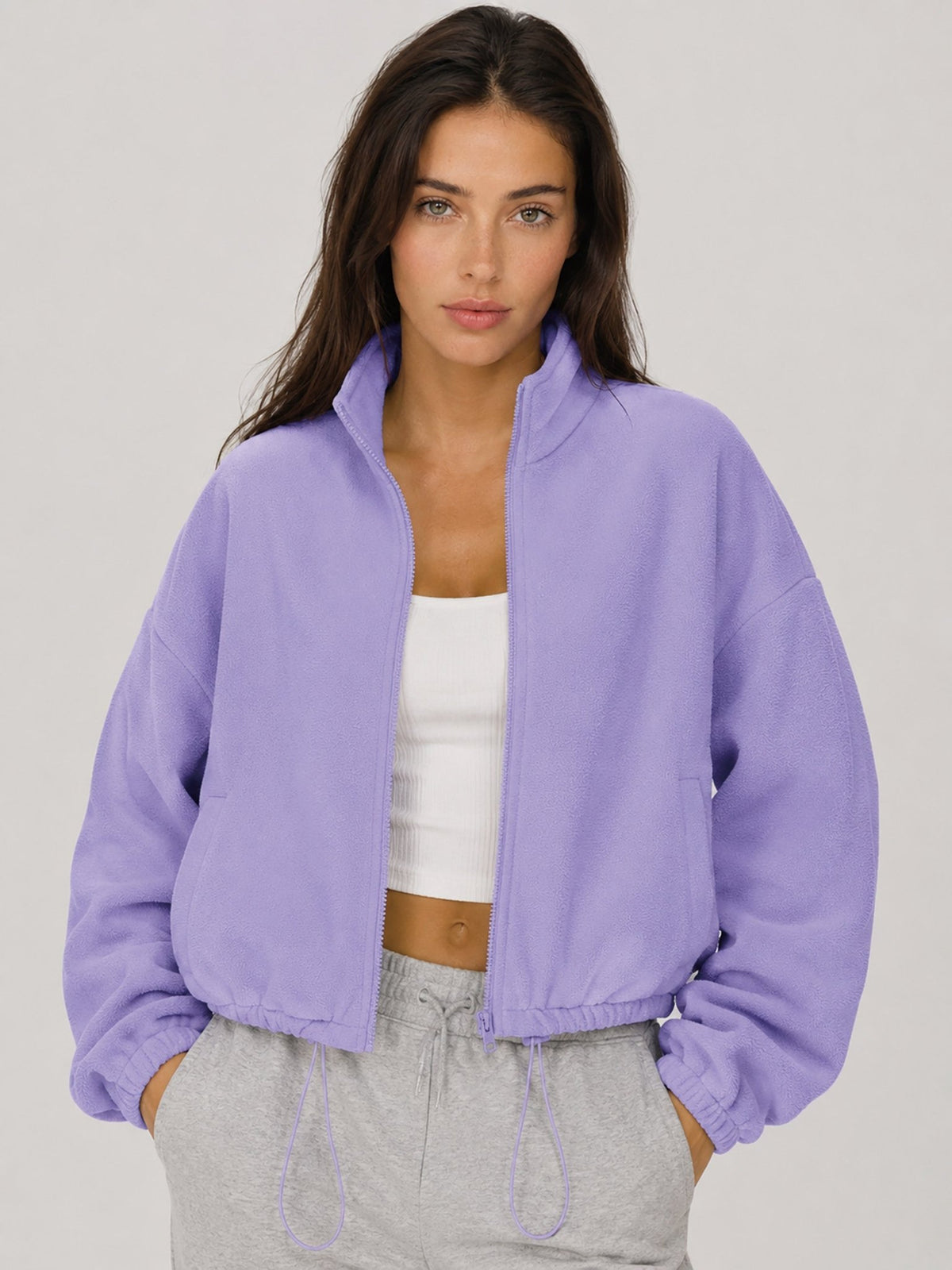 YUCOLEN Women's Cropped Fleece Jacket Full Zip Lightweight Workout Coat in Light Purple
