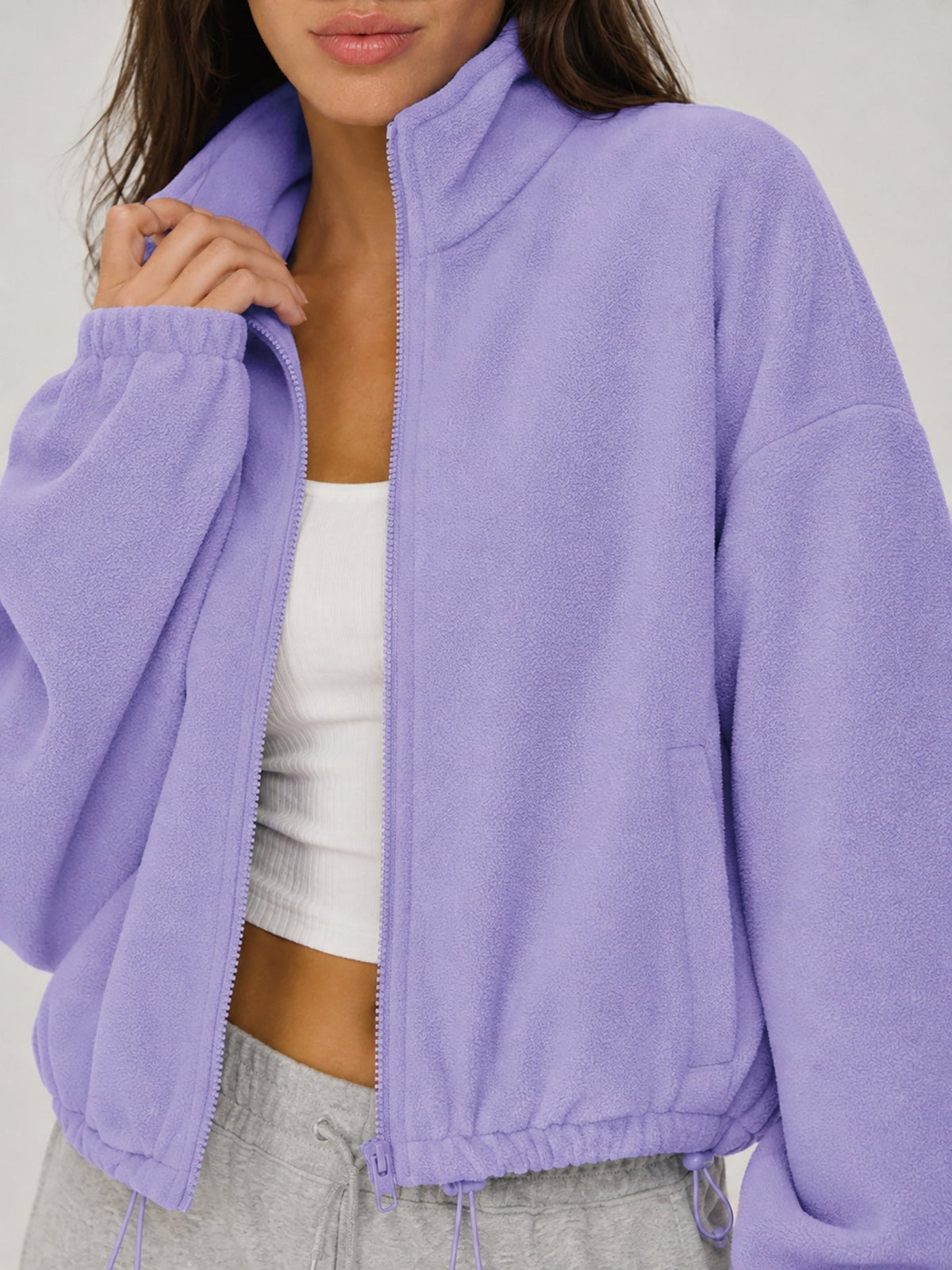 YUCOLEN Women's Cropped Fleece Jacket Full Zip Lightweight Workout Coat in Light Purple
