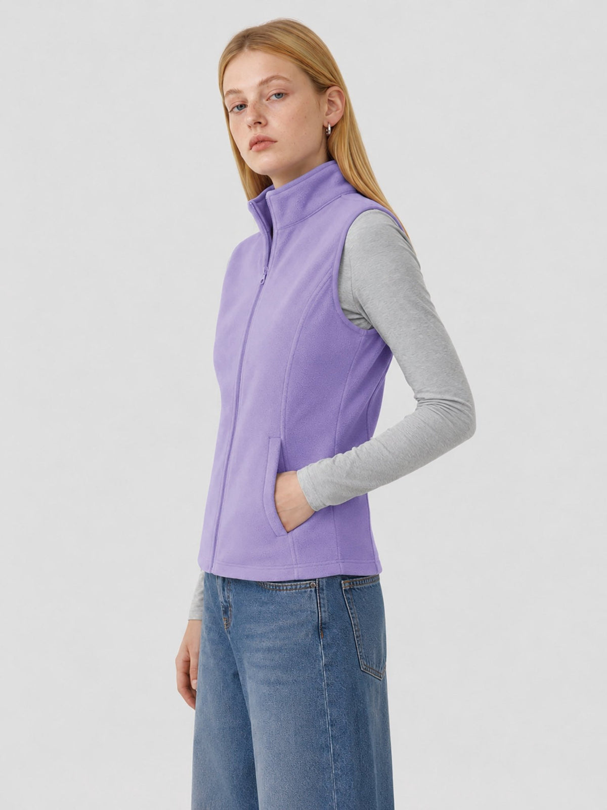 YUCOLEN Women's Full Zip Fleece Vest Anti-Static Sleeveless Jacket with Pockets in Light Purple
