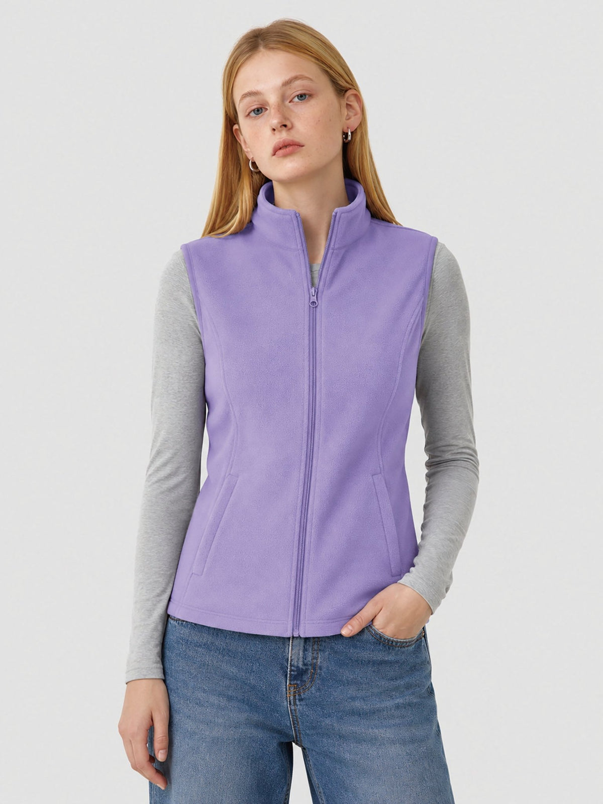 YUCOLEN Women's Full Zip Fleece Vest Anti-Static Sleeveless Jacket with Pockets in Light Purple