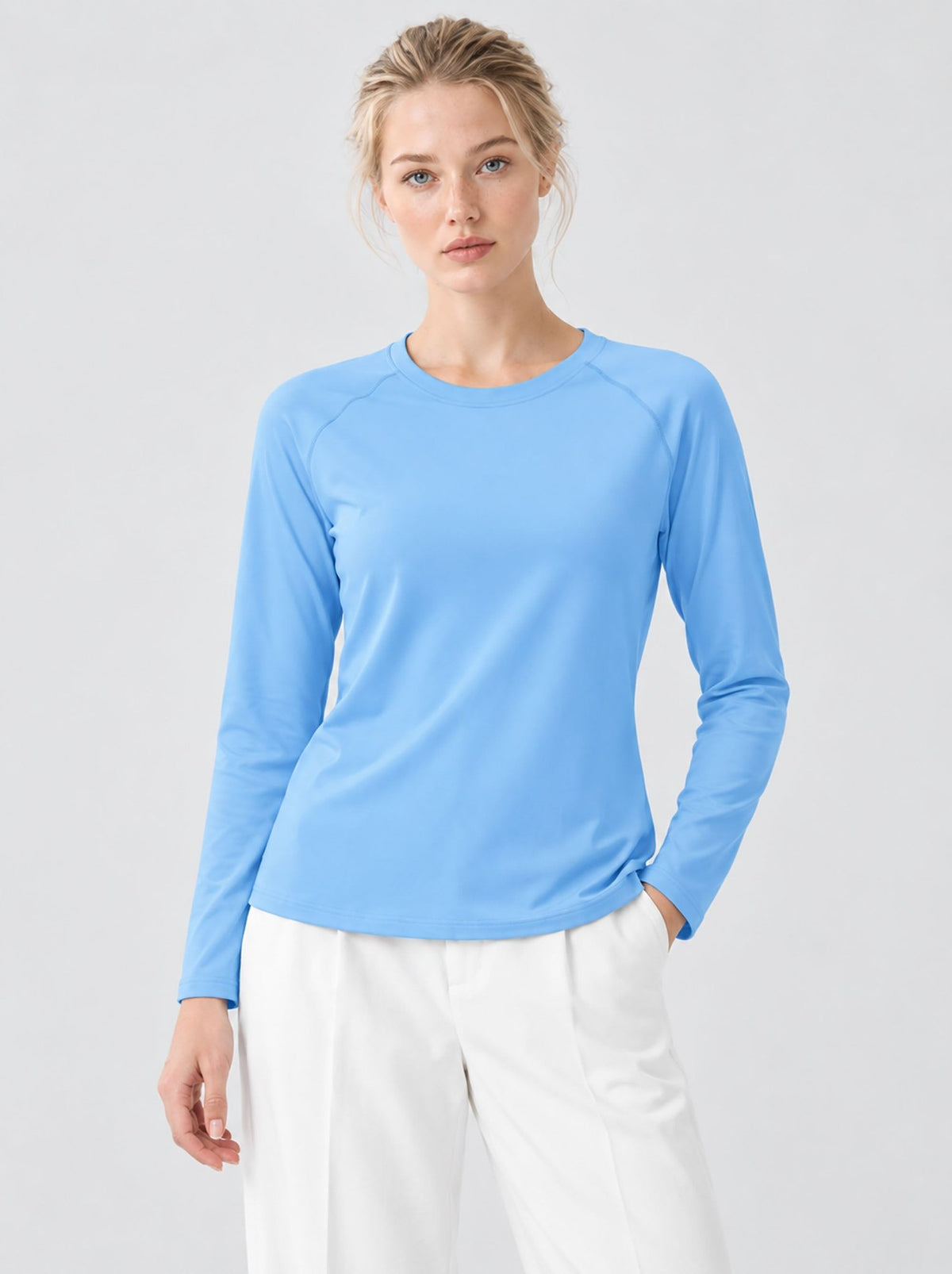 YUCOLEN Women’s Stretch Thermal Long Sleeve Active Top in Light Sky Blue