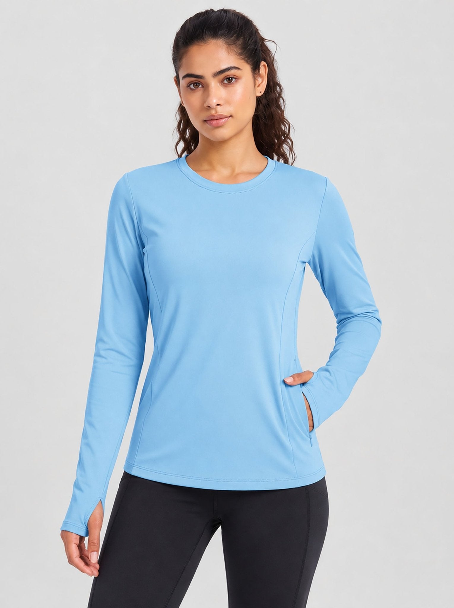 YUCOLEN Womens Thermal Running Top with Thumb Holes and Zip Pocket in Light Sky Blue