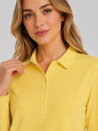YUCOLEN Women's Long Sleeve Golf Shirt Breathable Cotton Blend 5-Button Top in Light Yellow