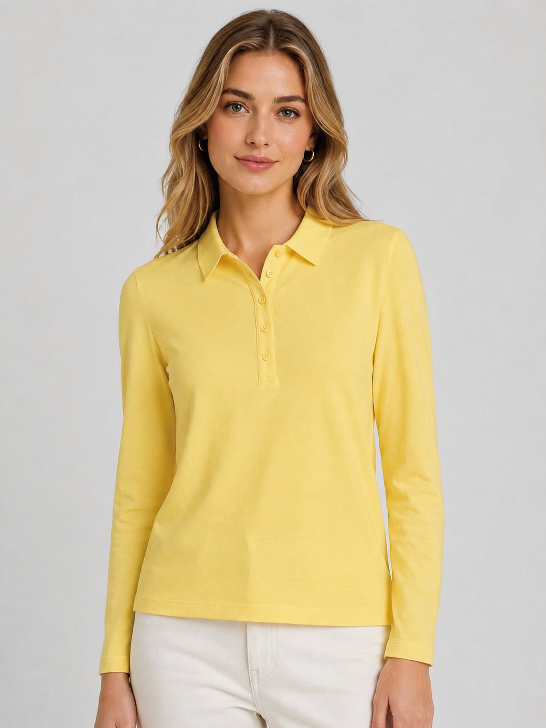 YUCOLEN Women's Long Sleeve Golf Shirt Breathable Cotton Blend 5-Button Top in Light Yellow
