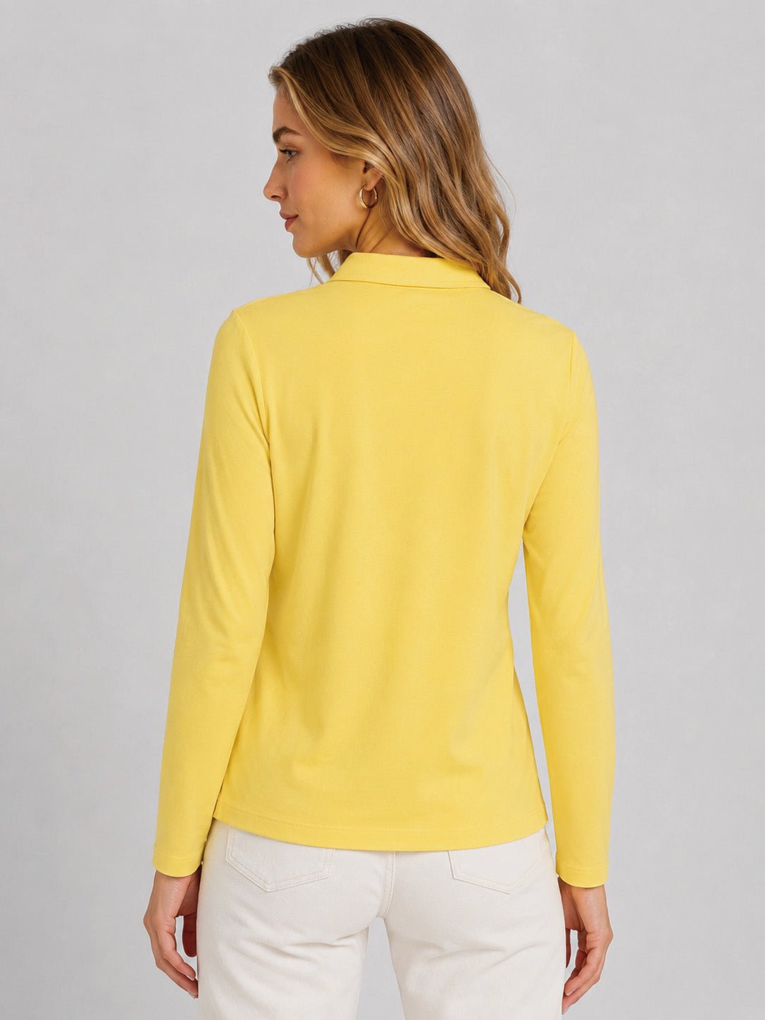 YUCOLEN Women's Long Sleeve Golf Shirt Breathable Cotton Blend 5-Button Top in Light Yellow