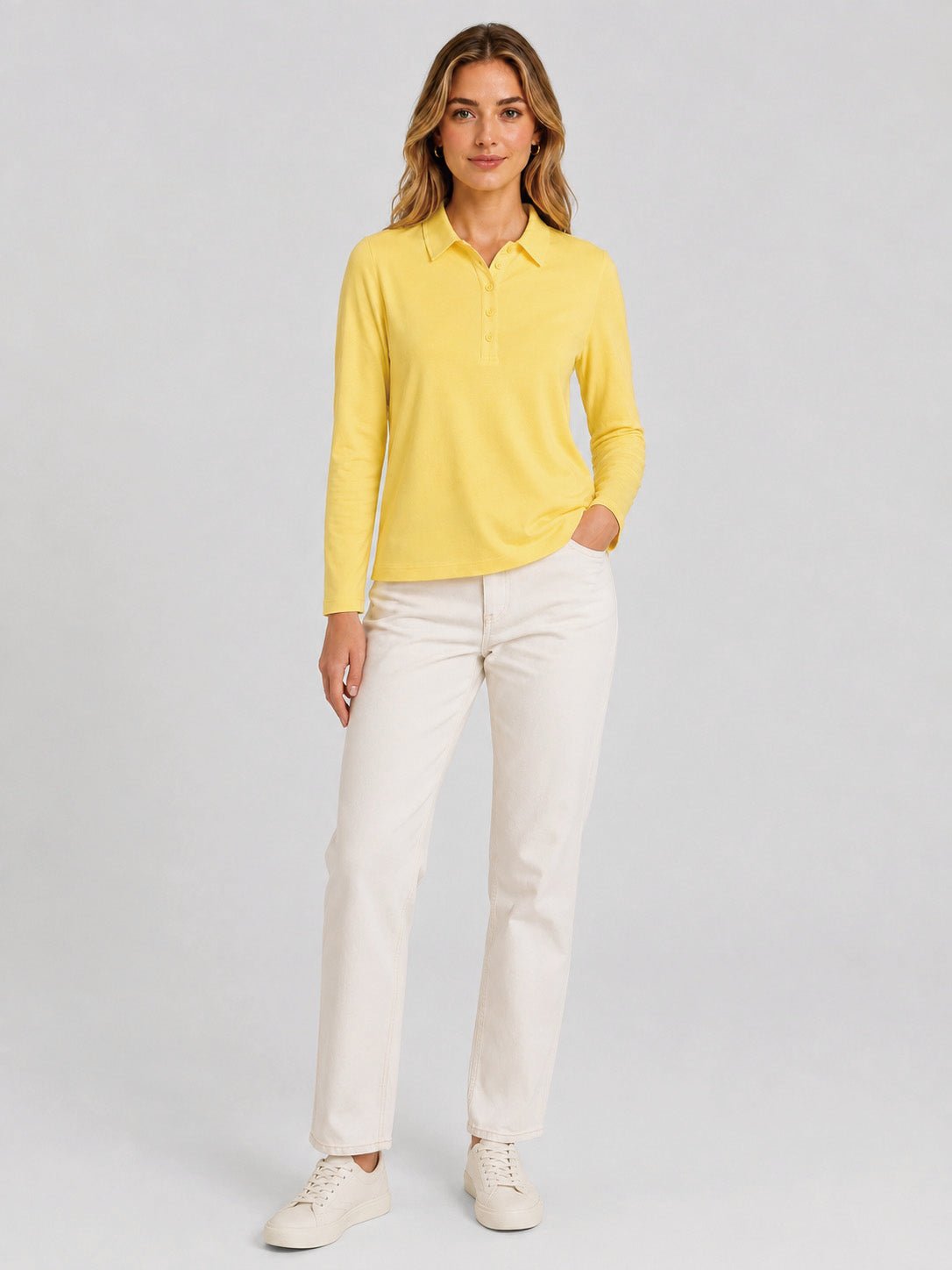 YUCOLEN Women's Long Sleeve Golf Shirt Breathable Cotton Blend 5-Button Top in Light Yellow