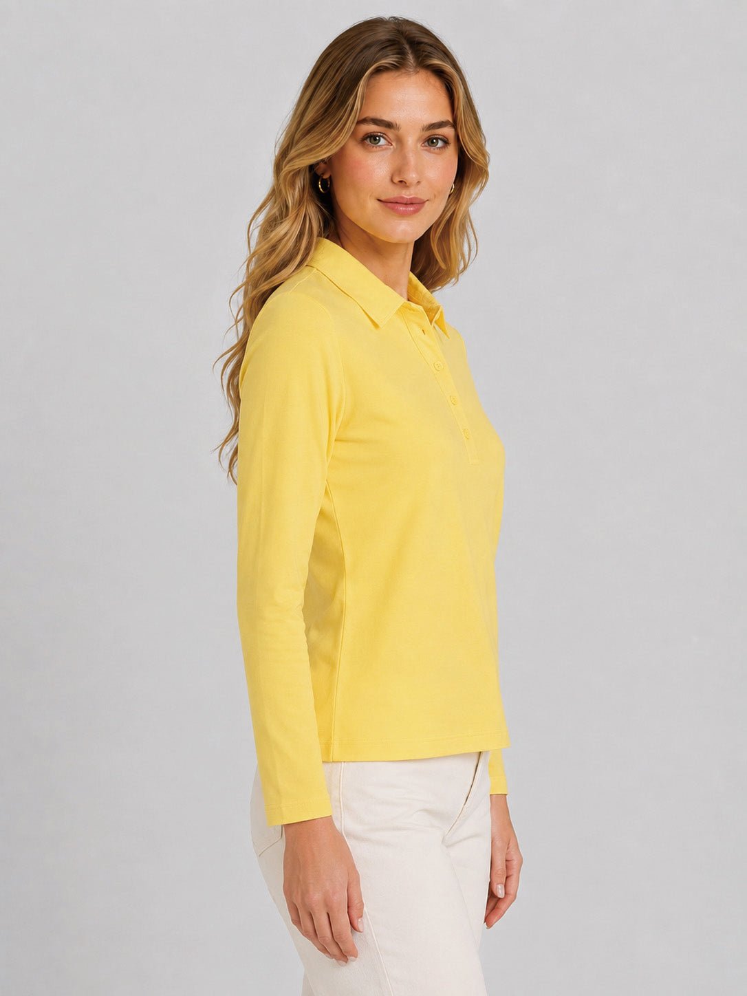 YUCOLEN Women's Long Sleeve Golf Shirt Breathable Cotton Blend 5-Button Top in Light Yellow