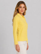 YUCOLEN Women's Long Sleeve Golf Shirt Breathable Cotton Blend 5-Button Top in Light Yellow