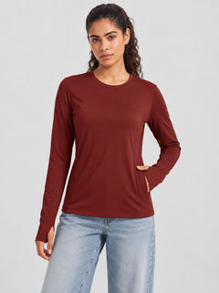 YUCOLEN Womens Thermal Running Top with Thumb Holes and Zip Pocket in Maroon