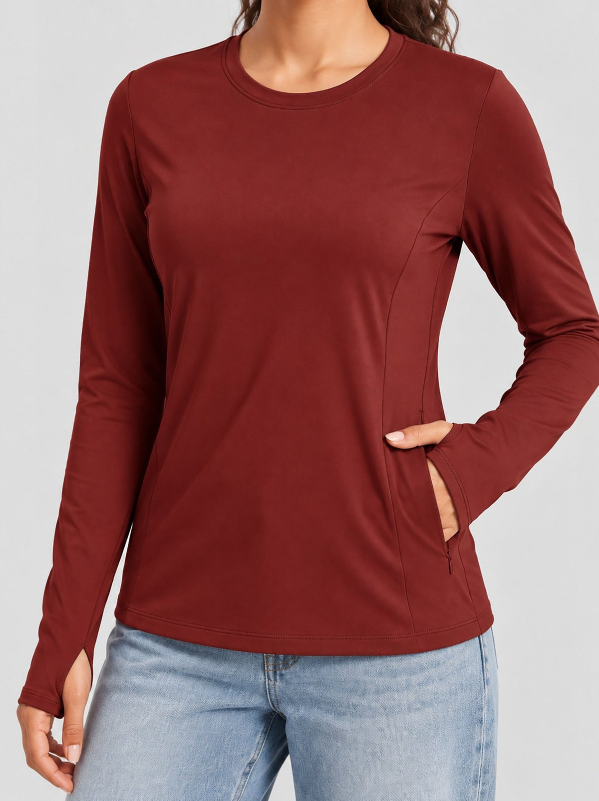 YUCOLEN Womens Thermal Running Top with Thumb Holes and Zip Pocket in Maroon