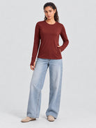 YUCOLEN Womens Thermal Running Top with Thumb Holes and Zip Pocket in Maroon