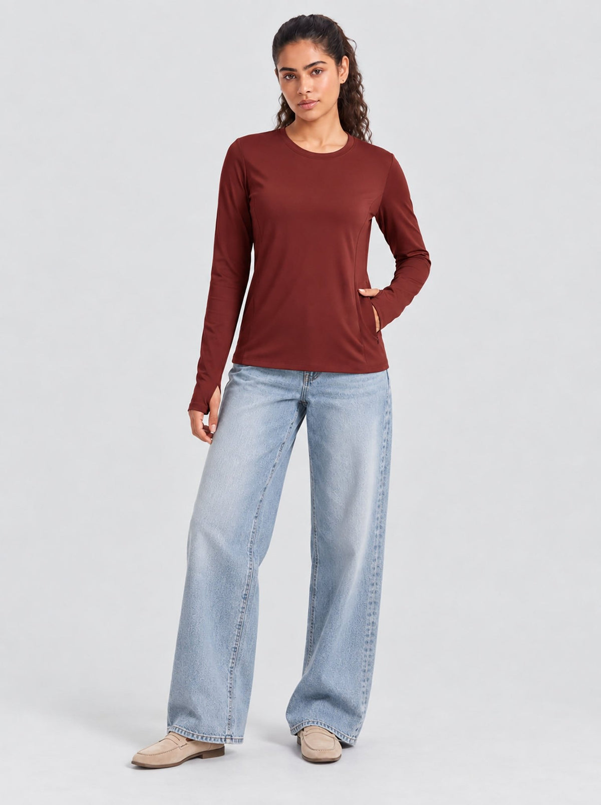 YUCOLEN Womens Thermal Running Top with Thumb Holes and Zip Pocket in Maroon