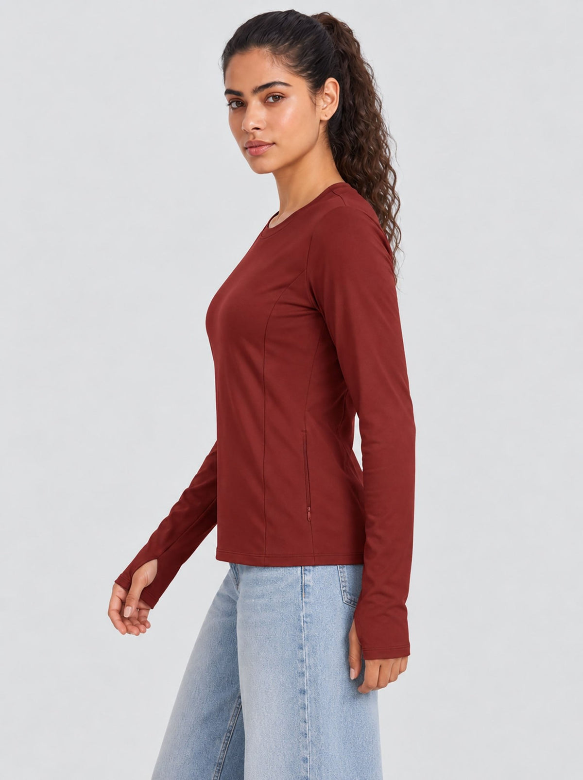 YUCOLEN Womens Thermal Running Top with Thumb Holes and Zip Pocket in Maroon