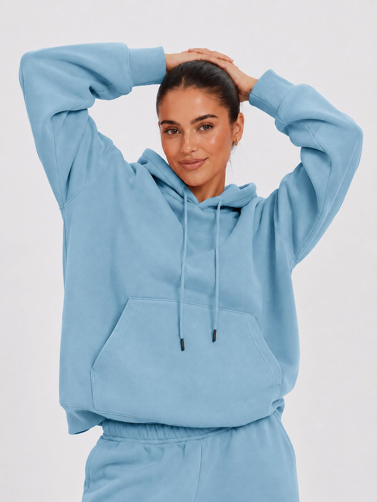 YUCOLEN Unisex Oversized Cotton Fleece Hoodie with Kangaroo Pocket in Medium Blue