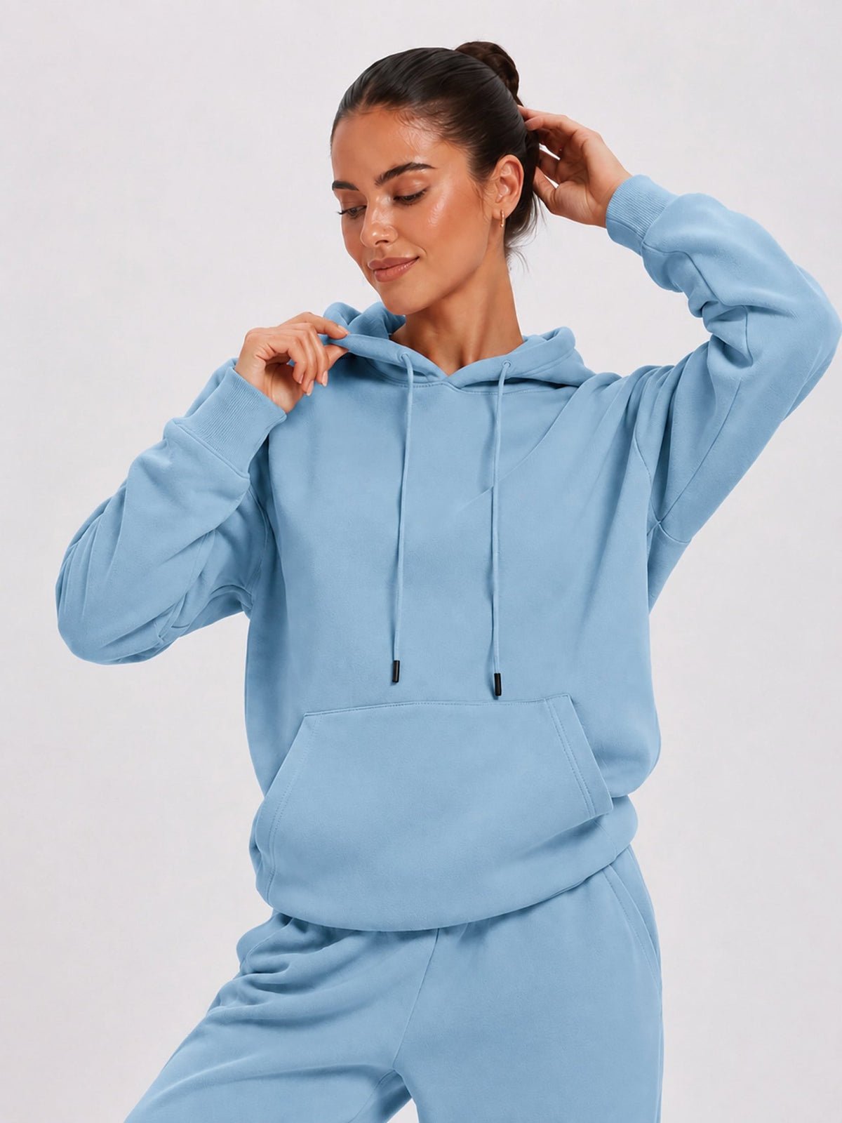 YUCOLEN Unisex Oversized Cotton Fleece Hoodie with Kangaroo Pocket in Medium Blue