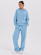 YUCOLEN Unisex Oversized Cotton Fleece Hoodie with Kangaroo Pocket in Medium Blue