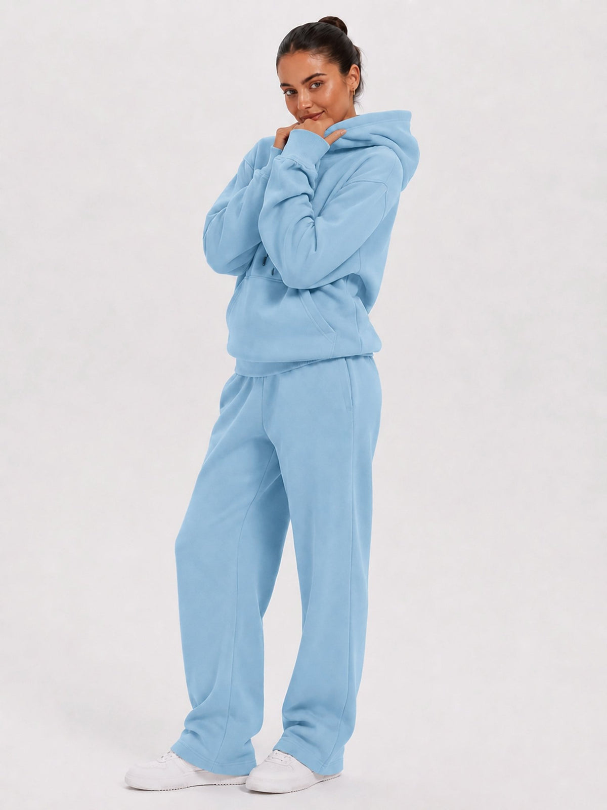 YUCOLEN Unisex Oversized Cotton Fleece Hoodie with Kangaroo Pocket in Medium Blue