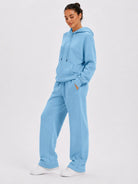 YUCOLEN Unisex Oversized Cotton Fleece Hoodie with Kangaroo Pocket in Medium Blue