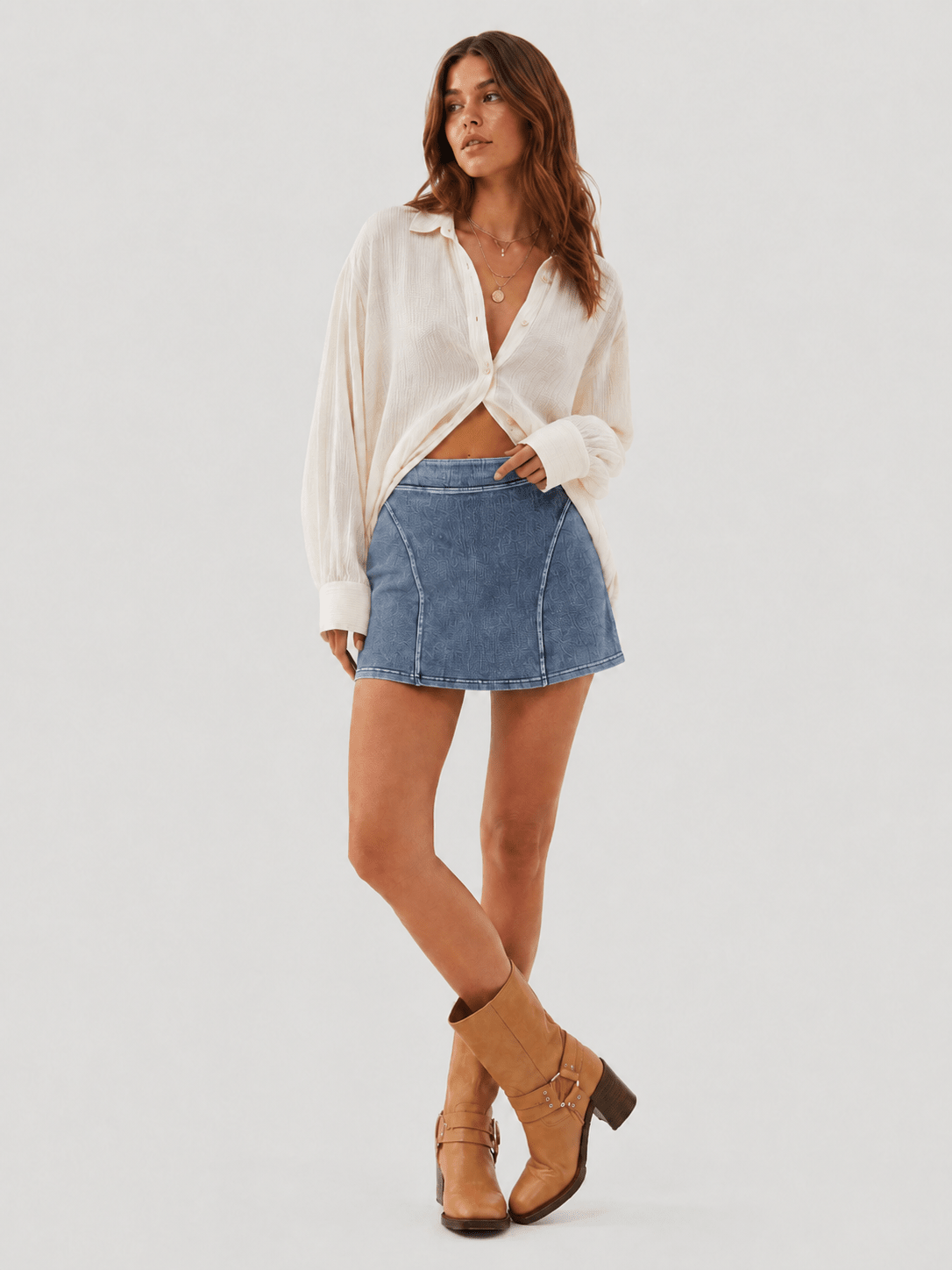 YUCOLEN Women's High Waisted Denim Skort Stretch Jean Skirt with Inner Shorts in Medium Blue