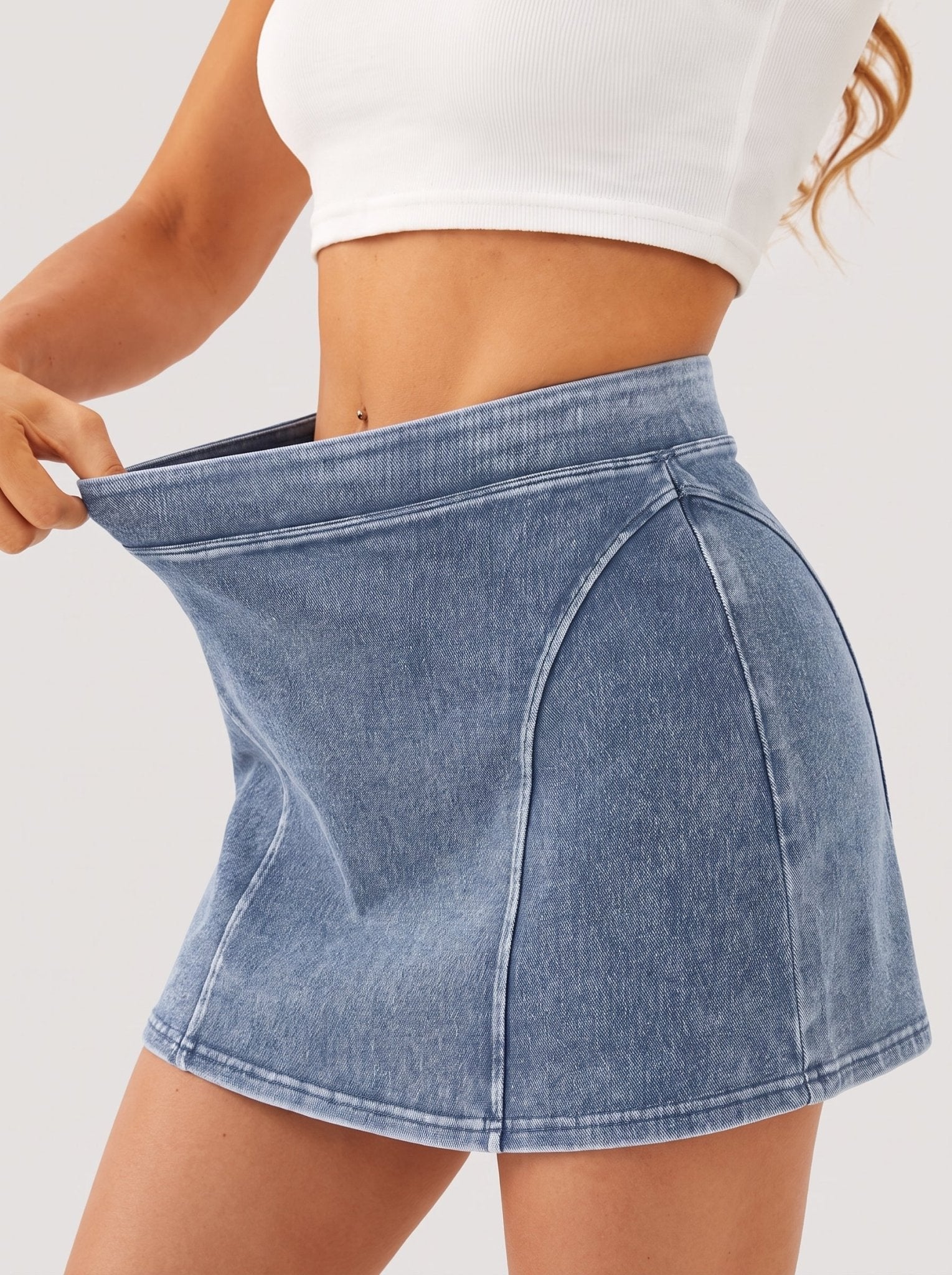 YUCOLEN Women's High Waisted Denim Skort Stretch Jean Skirt with Inner Shorts in Medium Blue