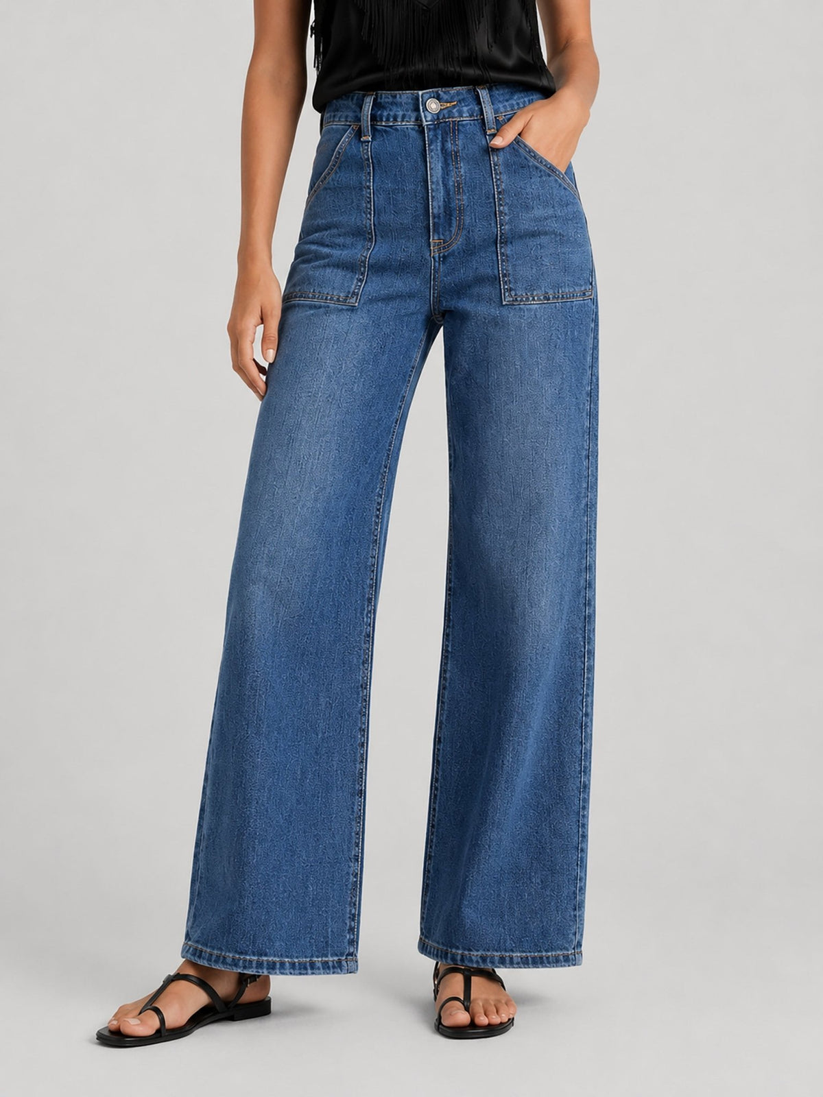 YUCOLEN Women's High Waisted Straight Leg Stretchy Denim Jeans with Pockets in Medium Blue