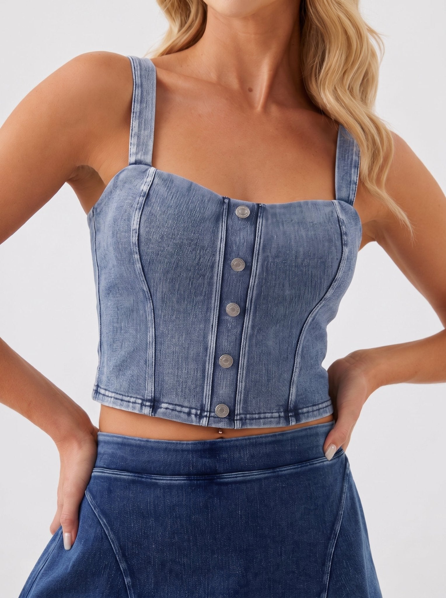 YUCOLEN Women's Square Neck Denim Look Tank Top with Built-in Bra Slim Fit Crop Workout Top in Medium blue