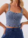 YUCOLEN Women's Square Neck Denim Look Tank Top with Built-in Bra Slim Fit Crop Workout Top in Medium blue