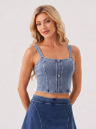 YUCOLEN Women's Square Neck Denim Look Tank Top with Built-in Bra Slim Fit Crop Workout Top in Medium blue