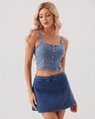YUCOLEN Women's Square Neck Denim Look Tank Top with Built-in Bra Slim Fit Crop Workout Top in Medium blue