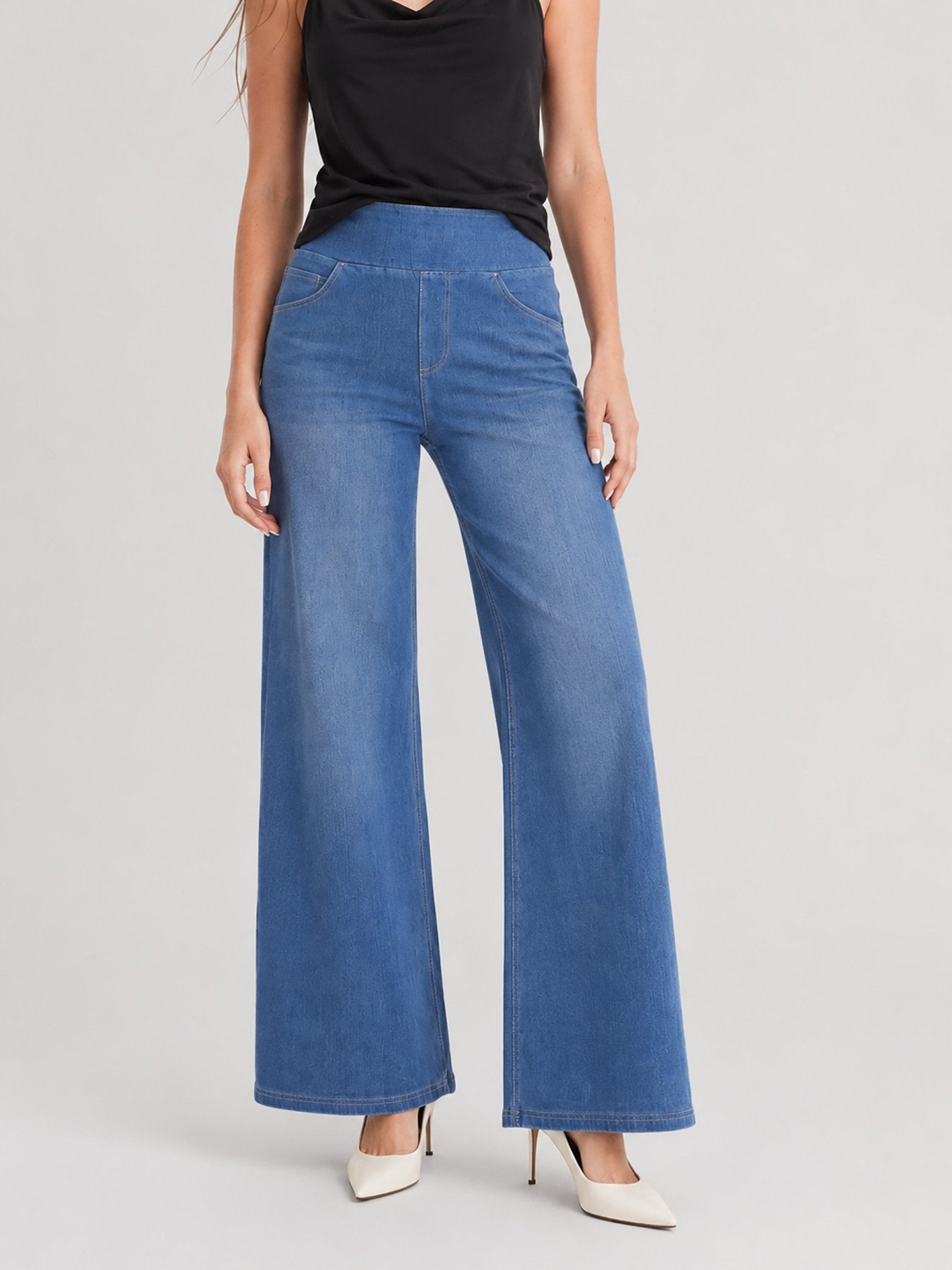 YUCOLEN Women's Wide Leg Jeans Stretchy High Waist Tummy Control Trousers in Medium blue