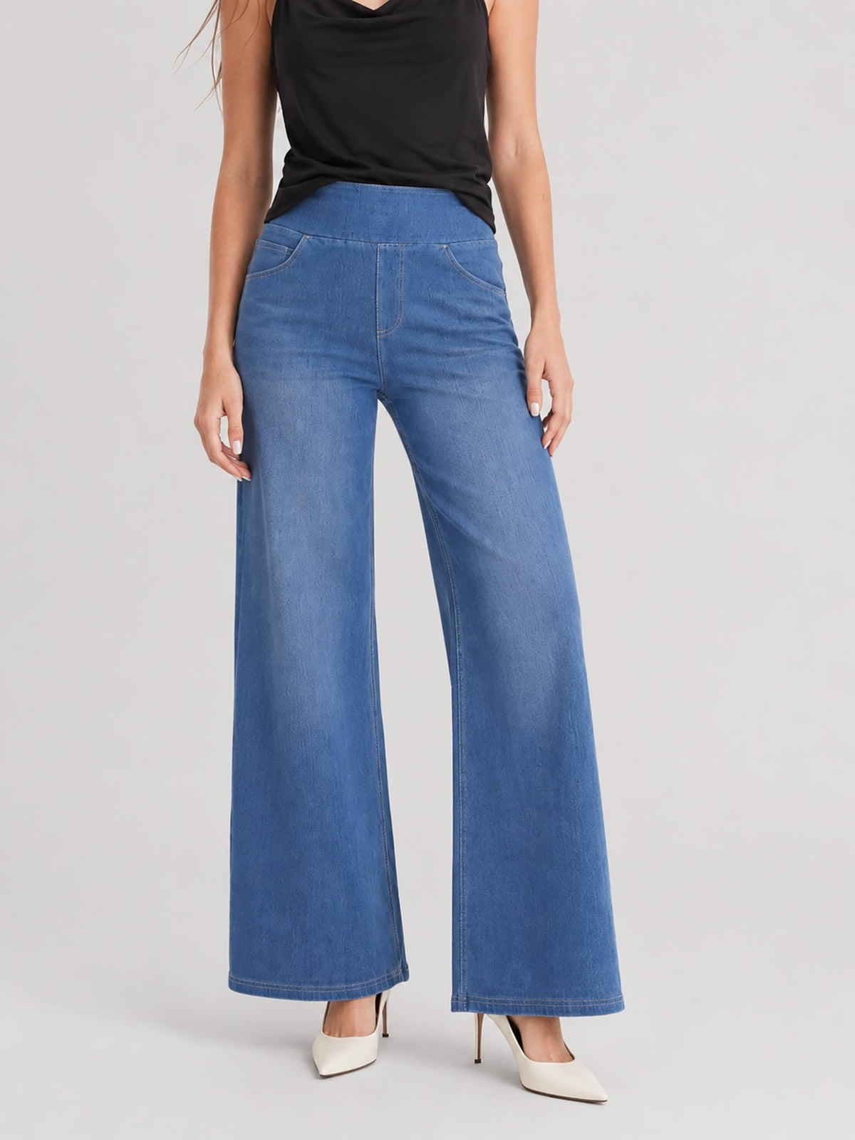YUCOLEN Women's Wide Leg Jeans Stretchy High Waist Tummy Control Trousers in Medium blue