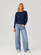 YUCOLEN Women's Breathable Cotton Blend Long Sleeve Crewneck Cropped Top in Navy