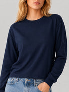 YUCOLEN Women's Breathable Cotton Blend Long Sleeve Crewneck Cropped Top in Navy