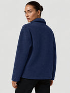 YUCOLEN Women‘s Button Down Fleece Jacket Soft Fuzzy Lapel Collar Coat with Pockets in Navy