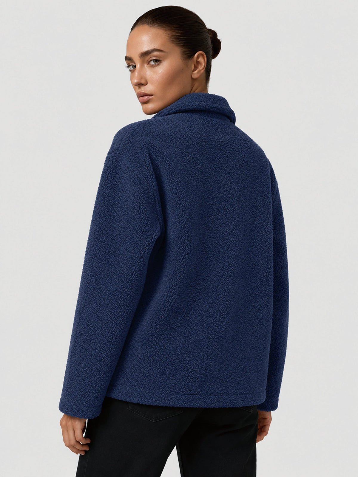 YUCOLEN Women‘s Button Down Fleece Jacket Soft Fuzzy Lapel Collar Coat with Pockets in Navy
